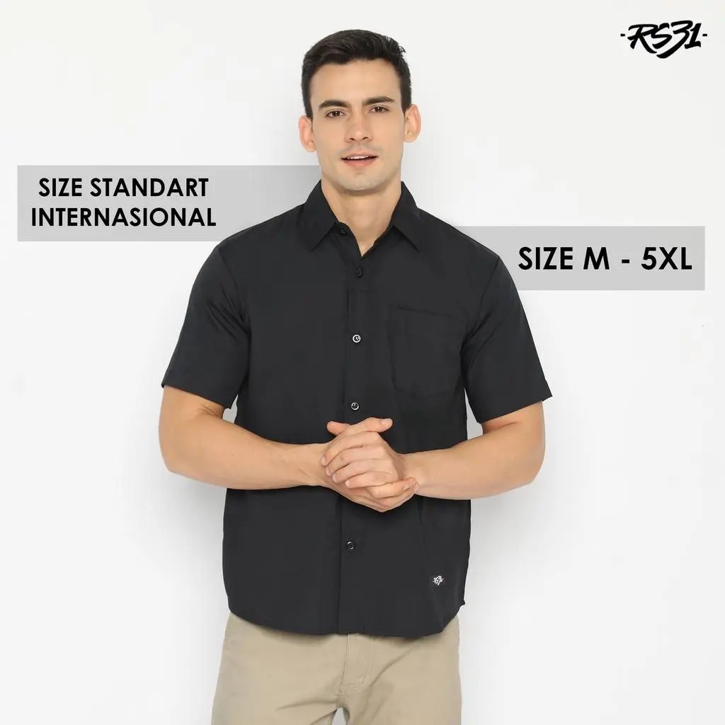 RS31 Baju Lebaran Kemeja Atlanta Shirt Black Cowok Jumbo - Kemeja Pria Warna Lengan Pendek Katun Hitam Polos, Baju Kerja, Pakaian Kantor Formal, Ukuran Super Big Size/Jumbo Hitam