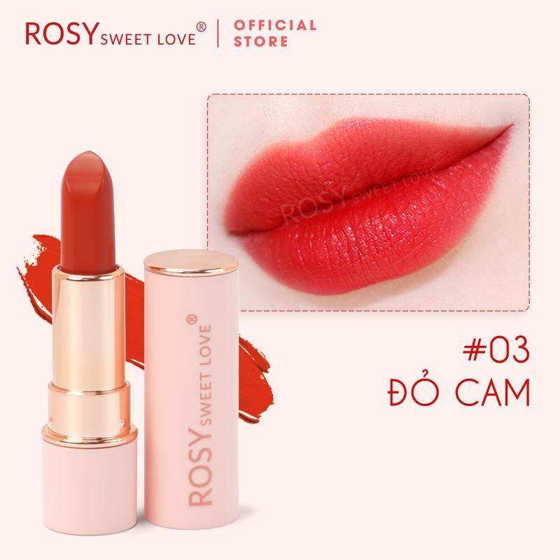 #03 Đỏ Cam - Son sáp lì ROSY SWEET LOVE, Không Chì, Lên Màu Chuẩn, Lâu Trôi, Dưỡng môi, son mềm môi, son sáp lì Son Môi Cosmetic Trang Điểm Nữ Mỹ Phẩm Women Son Kem