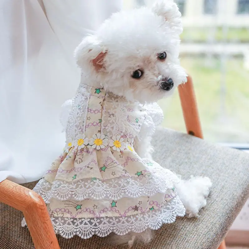 Cat Floral Print Lace Pet Dress, 1 Count Elegant Princess Style Summer Dog Dress for Small Girl Puppies Doggies Kittens, Fashionable Pet Clothes Dogs Outfit
