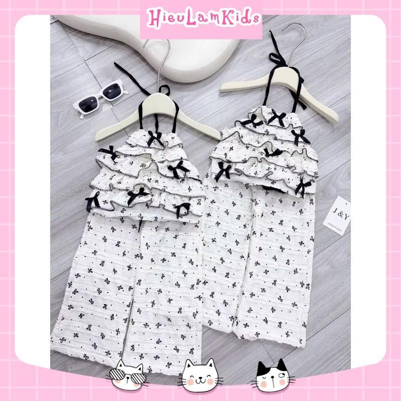 X47 - Bộ quần áo bé gái, Set áo dáng yếm nơ đen kèm quần dài cho bé gái 4