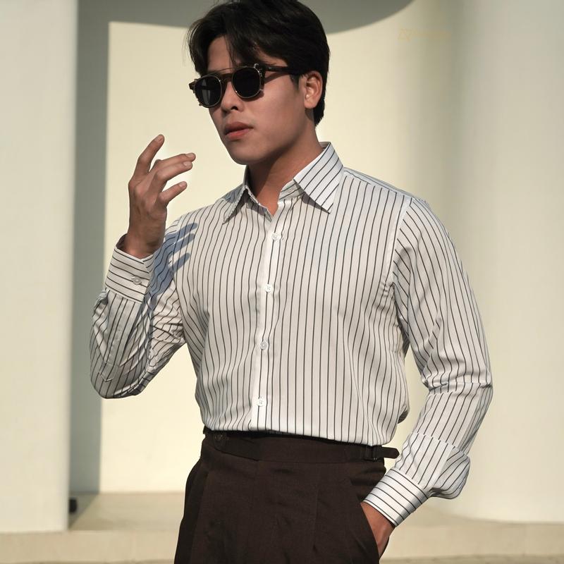 Áo sơ mi kẻ đen Buttondown Asemando Cotton Áo sơ mi nam dài tay Classic Sartorial 2