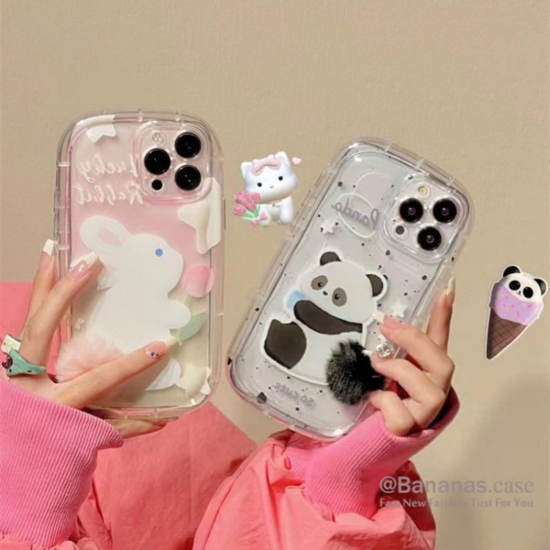 Cute Cartoon Teddy Rabbit Pattern Transparent Phone Case Compatible for iPhone 15 14 13 12 11 Pro Max X XR XS 8 7 Plus SE 3D Hairball Clear Soft Back Cover 3