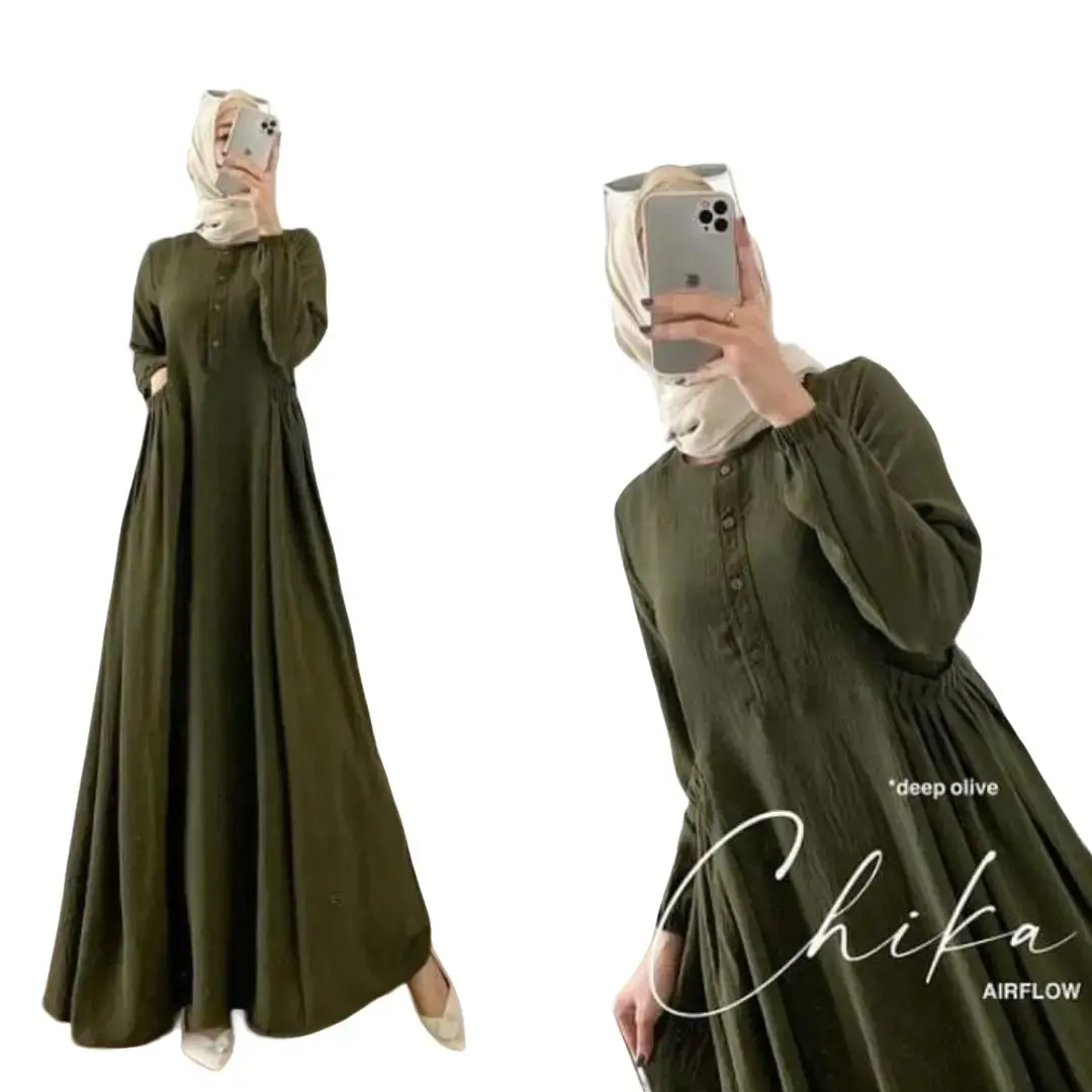 CIKA Crinkle Airflow -  Kekinian Viral LEBARAN 2024 - LD UP TO 140 dress kancing muslim  panjang  wanita  maxi  lebaran • simpel gamis