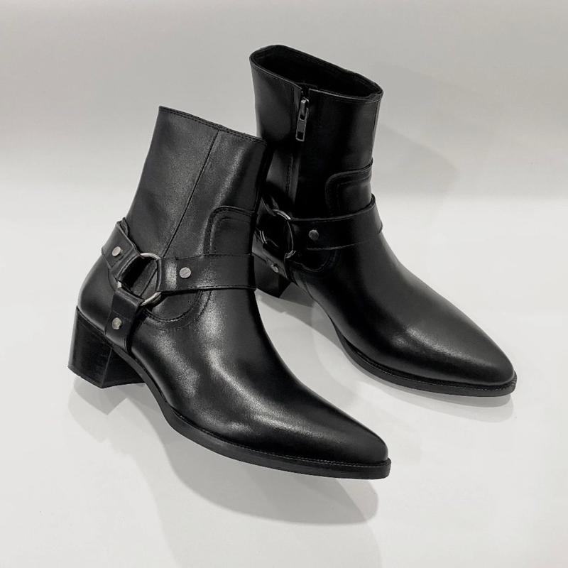Thanh lý43,44Harness boots mũi nhọn da bò đế gỗ 5cm nam Chelsea Boot Shoes Jean GiàY