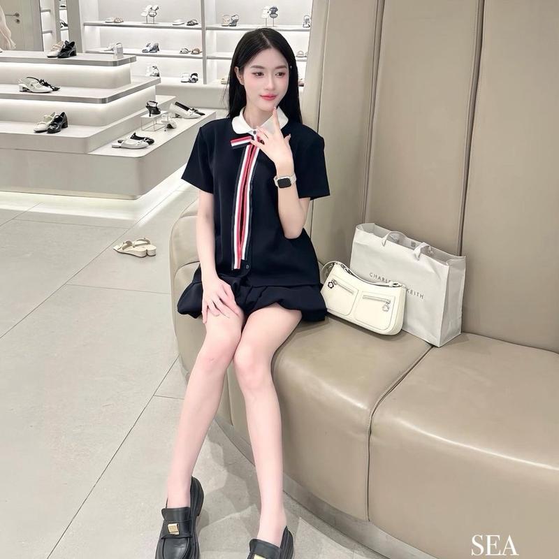 Set Áo Sơ Mi Chéo Ý Nơ Thome Tháo Rời Kèm Độn Vai Đứng Form Mix Quần Váy Quả Bí Bồng 2 Lớp