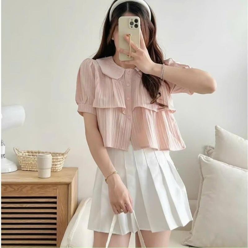 ÁO SƠ MI BABYDOLL TẦNG CHẤT ĐŨI PHỐI TAY BỒNG TIỂU THƯ Nữ Top