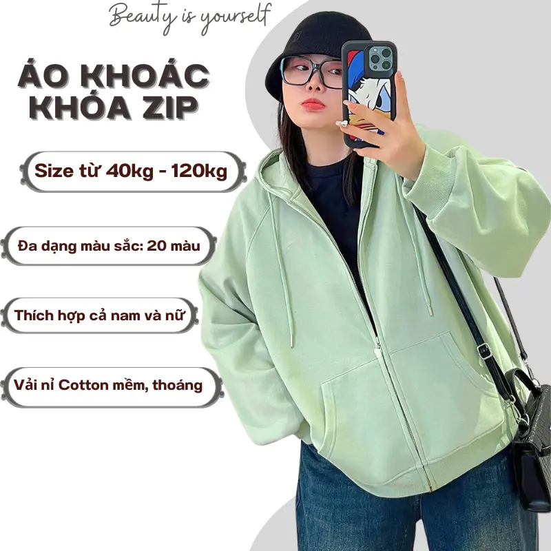 Áo Khoác Nỉ Cotton Hoodie Zip Bigsize đến 120kg Form Rộng Nam Nữ Unisex Top Women