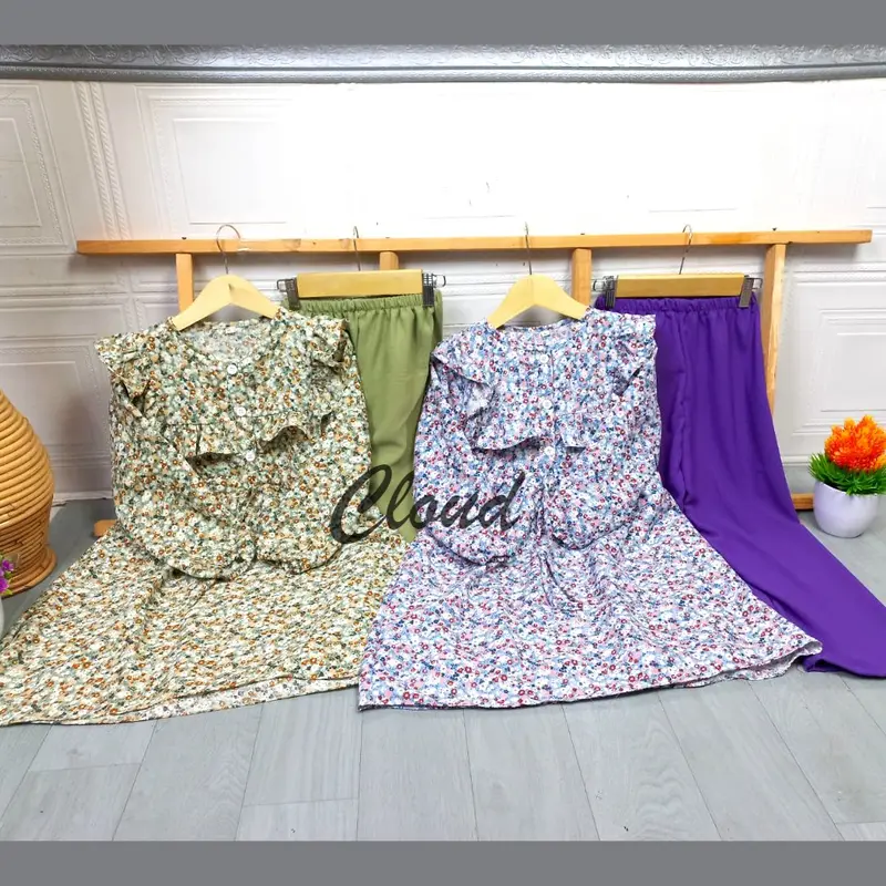 Setelan Anak perempuan motif bunga bahan crinkle airflo kombinasi Shakila usia 7-12 Tahun Oneset Kiyowo 7