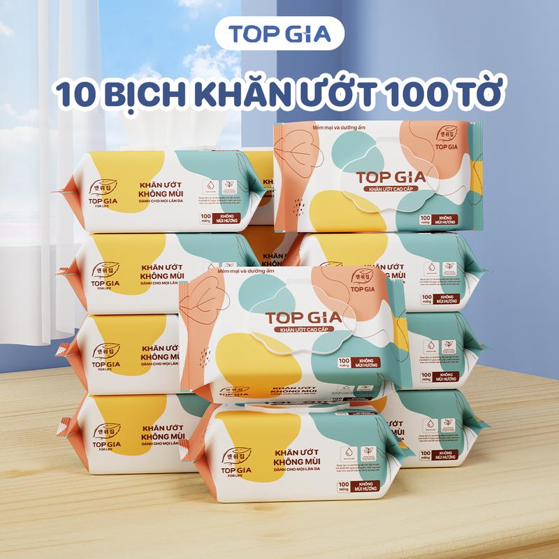 Deal live Combo 10 Bịch Khăn ướt cao cấp Topgia 100 tờ mềm mại Khăn giấy ướt không mùi lành tính an toàn mọi làn da Cho Bé khăn ướt