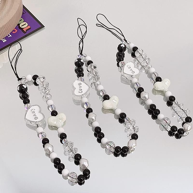 Dây đeo điện thoại đính hạt đen trắng hình trái tim chữ cái chống rơi Ốp lưng điện thoại chống mất