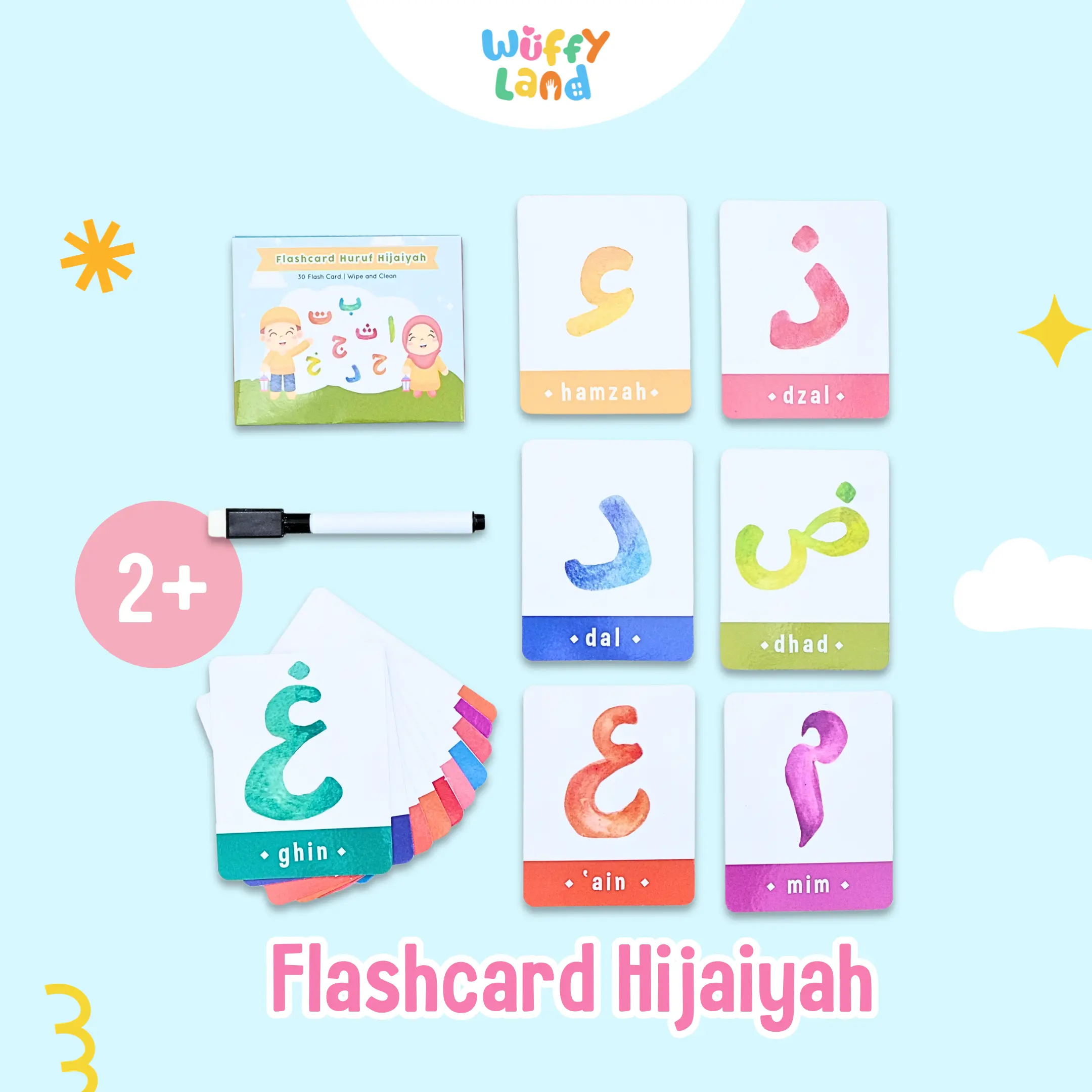 Wuffyland Flashcard Belajar Huruf Hijaiyah Wipe and Clean - Kartu Huruf Arab PAUD Pra TK Alat Anak