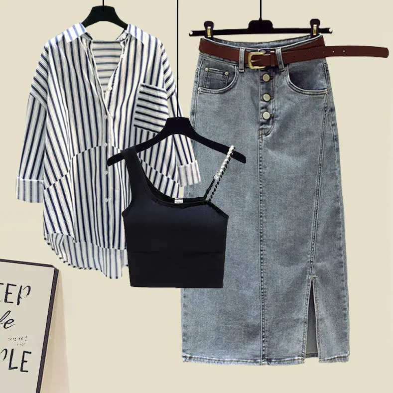 Large Size Women's Clothing Spring and Summer Suit Women's 2024 New Sunscreen Shirt Sling Women's Slimming Denim Skirt Three-Piece Suit
