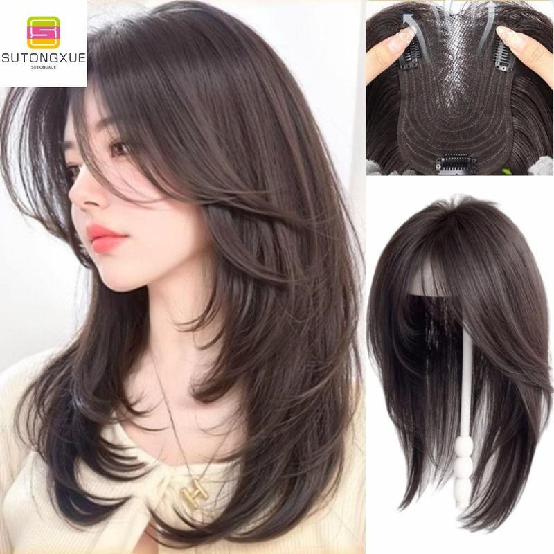 SUTONGXUE tóc giả sợi tổng hợp dài thẳng nhiều lớp, nối tóc kẹp vào, topper…