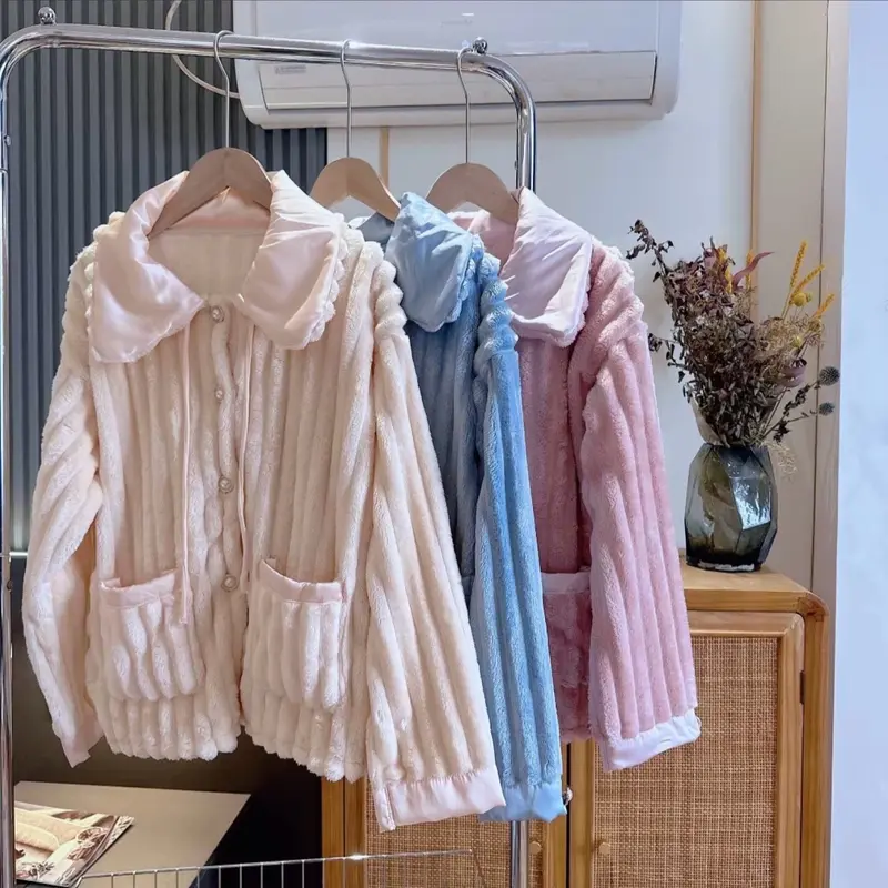 [HOT]Bộ đồ ngủ lông San Hô Bộ Pijama áo khoác cổ sen phối lụa phong cách HQ bông dày dặn,mềm mại cho nữ Women 8