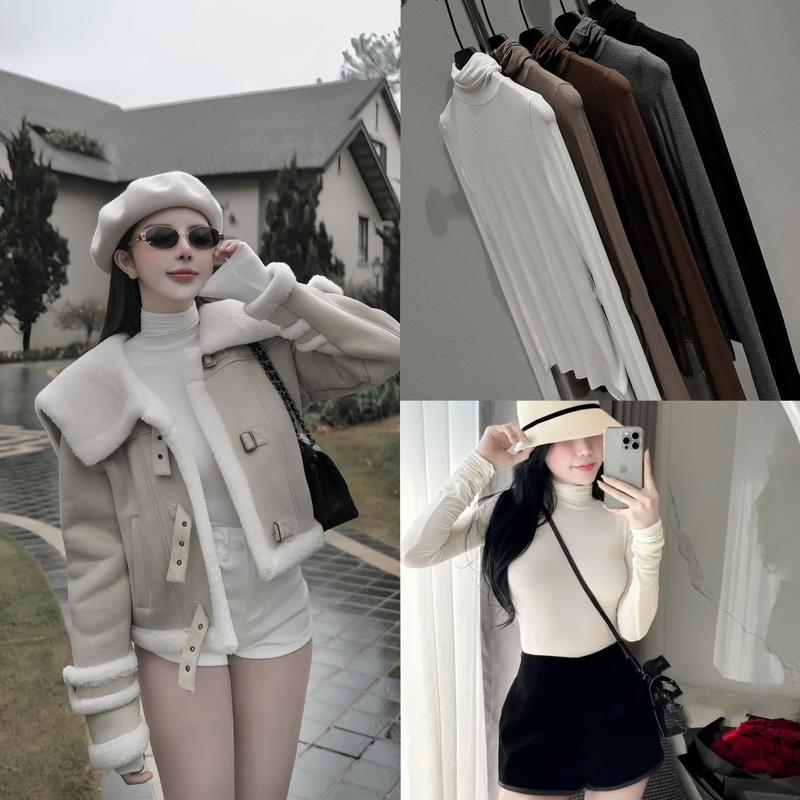 Áo Thun Giấy Mịn Hàng QC Giữ Nhiệt Nhiều Màu Cổ Cao Tay Dài Dáng Basic Dành Cho Nữ By Trang Mun C91