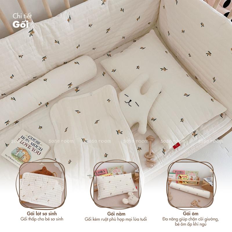 Quây cũi thảm gối, thêu olives, trần bông hữu cơ, quây chống va đập cho bé 3
