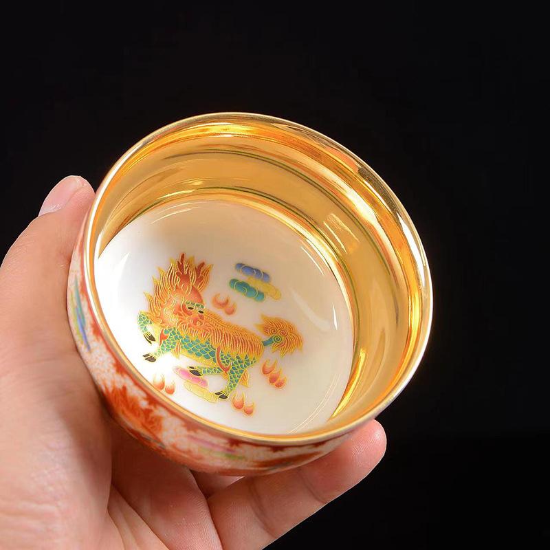 Product Introduction of 24K Gold Silk Dragon and Phoenix Jianzhan Master Cup Tea Cup White Jade Gilding Tea Cup Porcelain Kung Fu Tea Set Single Cup 13