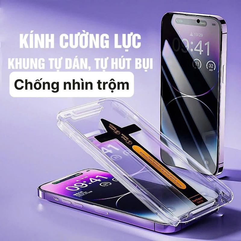 COMBO 2 KÍNH TẶNG 1 ỐP Kính Cường Lực tự hút bụi chống nhìn trộm có kèm khung tự dán ,bảo vệ màng loa thế hệ mới Cho iPhone x xs Xr xsmax 11 12 13 14 15 16 pro plus proMax