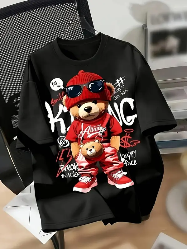 Men's Regular Fit Bear Print Round Neck Tee, Casual Short Sleeve Crew Neck T-shirt for Summer, Fashion Men's Top for Daily Wear 0