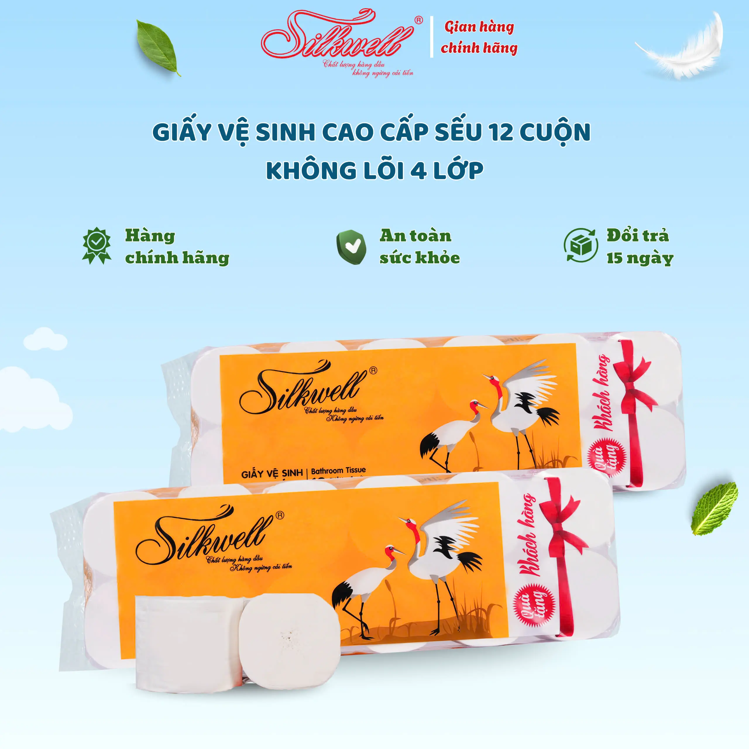 Giấy Vệ Sinh Sếu Cao Cấp 12 Cuộn Không Lõi 4 Lớp Mềm Mịn, Không Tẩy Trắng Hàng Chính Hãng