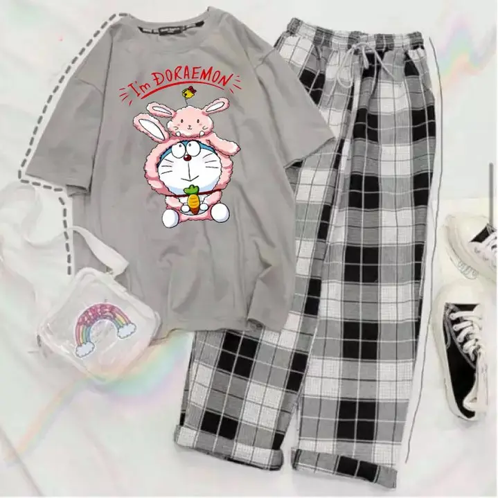 FREESHIP SET Áo phông Do.ra  phối  quần kẻ karo, Đồ UNISEX mặc ở nhà và đi chơi, chất đẹp, mặc không xù -Tuệ An-Fashion