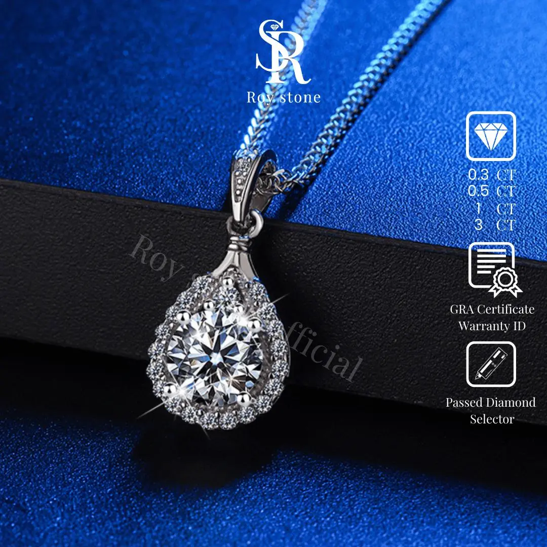 RoyStone – Kalung Moissanite Original Wanita Sertifikat GRA Perhiasan Silver Asli Lapis Emas Putih 18K Anti Karat Desain Simpel Elegan Wedding Engagement Necklace Birthday Gift_ Blossom Necklcae - LIVE