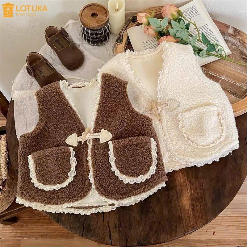 Áo Gile Lông Cừu 2 Lớp Có Túi Phối Ren Xinh Ấm Áp LOTUKA Cho Bé Áo Khoác Áo Thu Đông Quần Áo Trẻ Em Size 3-12kg
