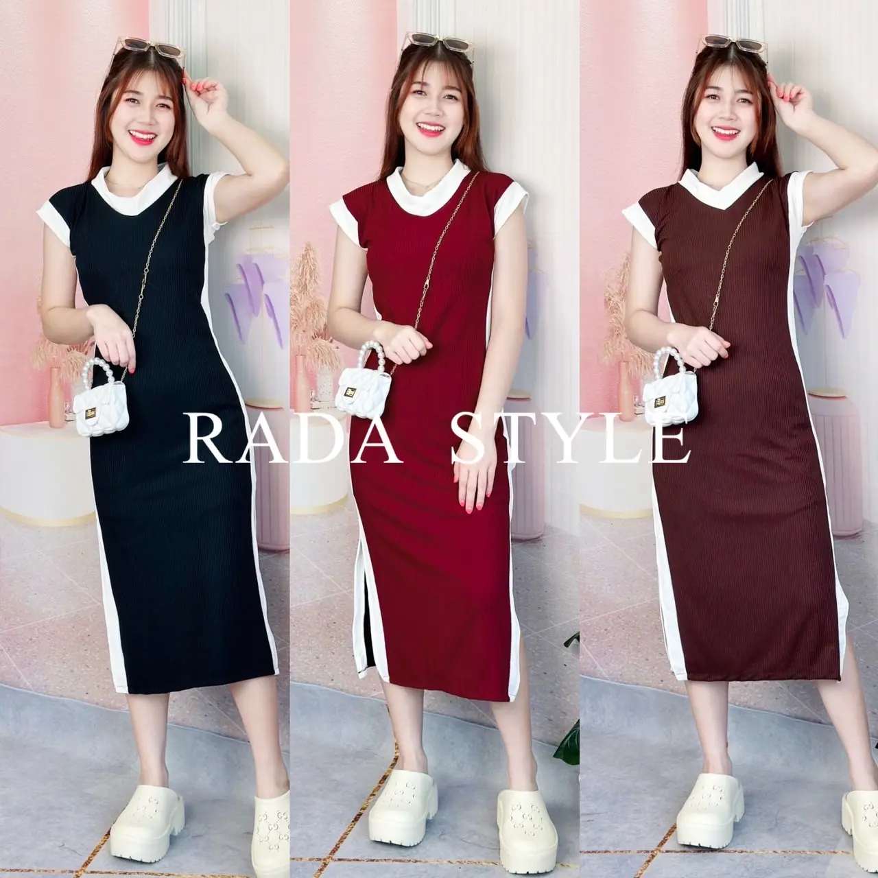 RADA  STYLE  T094  TWOTONE DRESS  เดรสตัวยาวแขนกุดทูโทน ผ่า 2 ข้าง ผ้าท็อปทวิล เกรดพรีเมียม  Lady Clothing