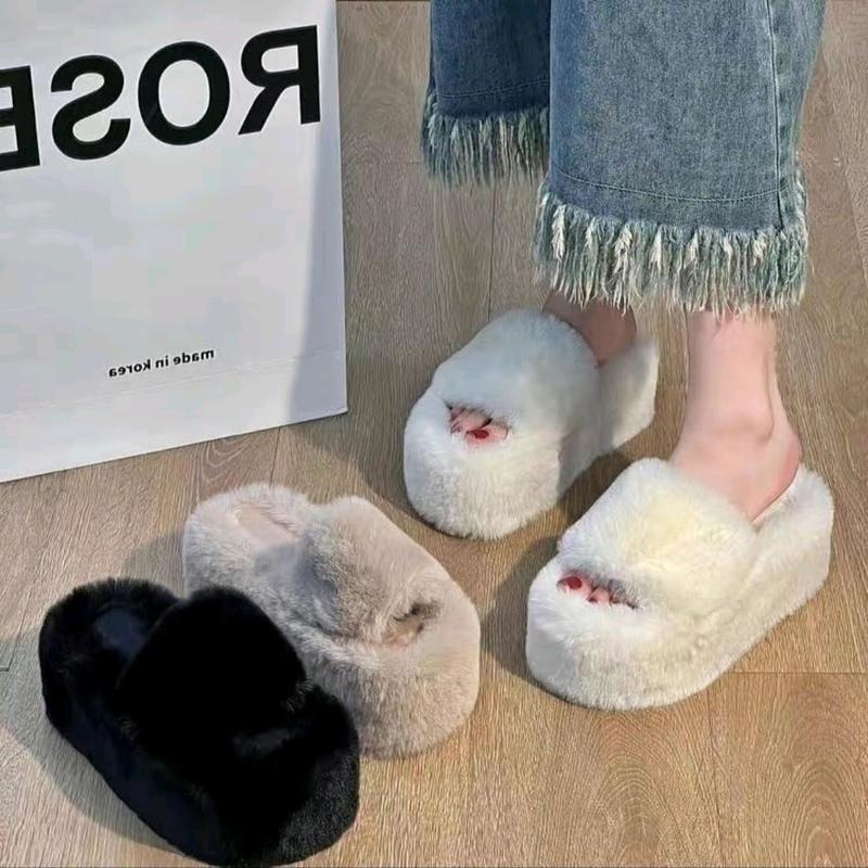 Dép nữ đế cao su 6cm phủ lông điệu đà,Dép lông nữ cho mùa đông êm ái mượt mà F-665 DéP Có Quai Nhung Slipper