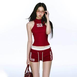 ชุดทูพีซ แฟชั่นสตรี สไตล์อเมริกัน ฤดูร้อน มาใหม่ เสื้อกั๊กกีฬาเซ็กซี่ สายรัด กางเกงขาสั้น Ins สาวฮอต สไตล์ OOTD