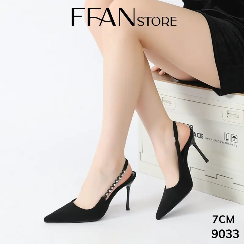 Giày cao gót mũi nhọn hở gót [da mềm mại] 9033 FFAN STORE, gót nhọn 7 9 phân bít mũi đính đá bigsize màu đen be da lộn DéP Nữ 3