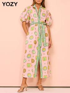 YOZY Women's All Over Print Belted Dress, Casual Puff Sleeve Dress for Summer, Women's Clothing for Daily Wear