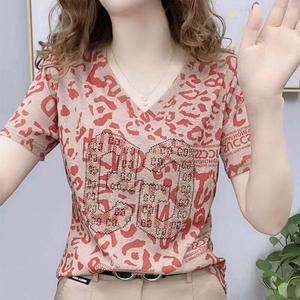 100KG Can Wear Silk Satin Internet Celebrity T-shirt Women V Neck Loose Short Sleeve Korean Style Plus Size Stretch Shirts Ladies High Quality Temperament age reduction Tops Fashion tees