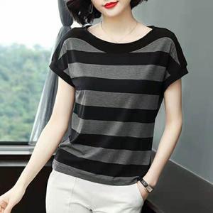 M-5xl 100 KG can wear Short Sleeve T-shirt for women New Summer Stripe Middle-aged Mother Korean Plus Size Loose t shirt Female Tops Raglan Sleeve Trendy clothes