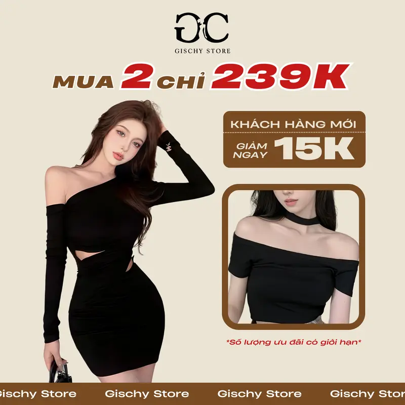 GISCHY-GC02-Váy Đầm Body Nữ  GYSCHY Thiết Kế Lệch Vai Khoét Eo Dáng Ôm Thời Trang Quyến Rũ Màu Đen Women Dress Khuy 1