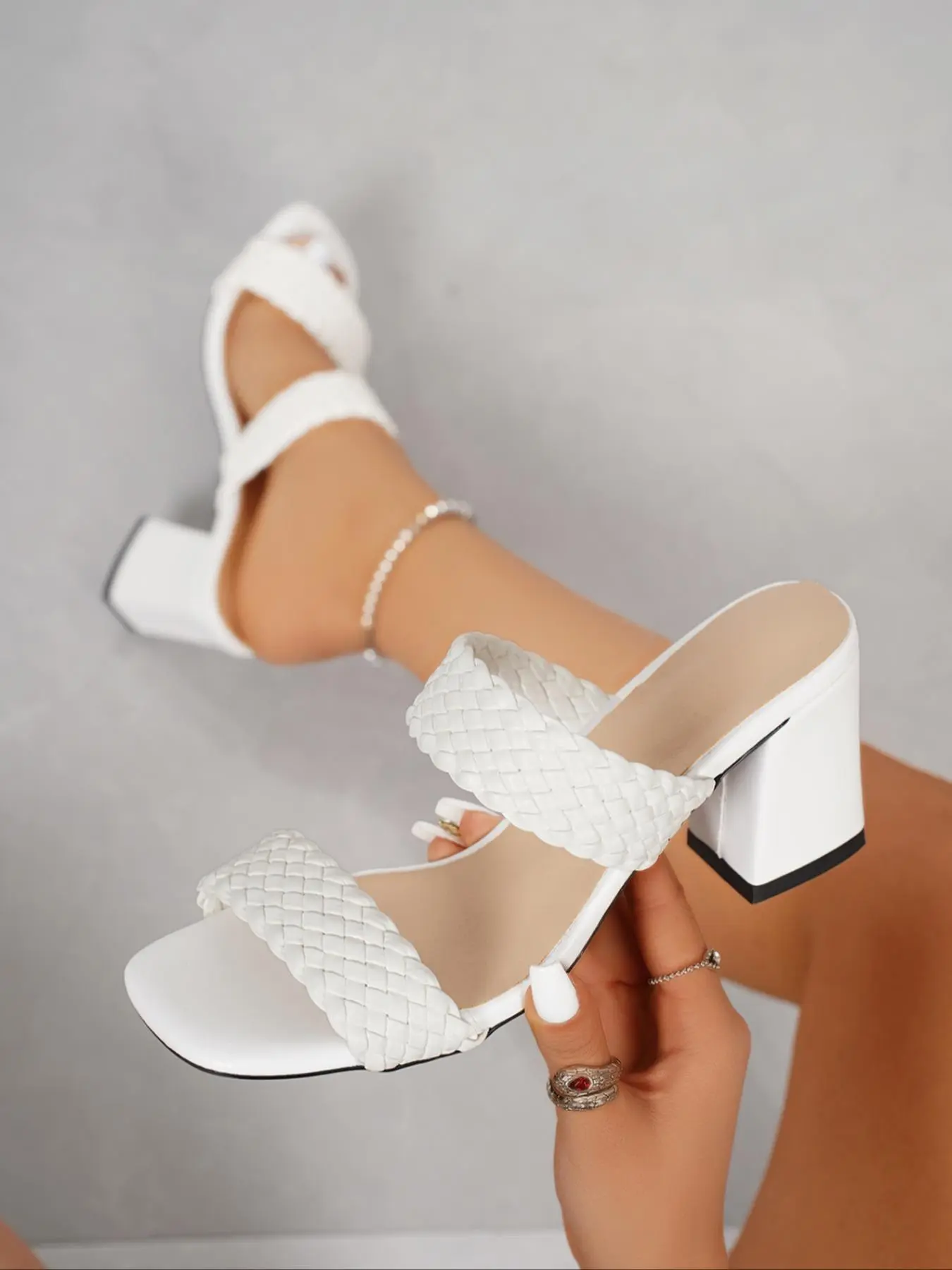 Women's Fashionable Plain Color Woven Design  Beach Sandals, Elegant Square Toe High Heel Sandals for Daily Wear, Lightweight Breathable Comfortable Shoes for Women & Girls, Summer