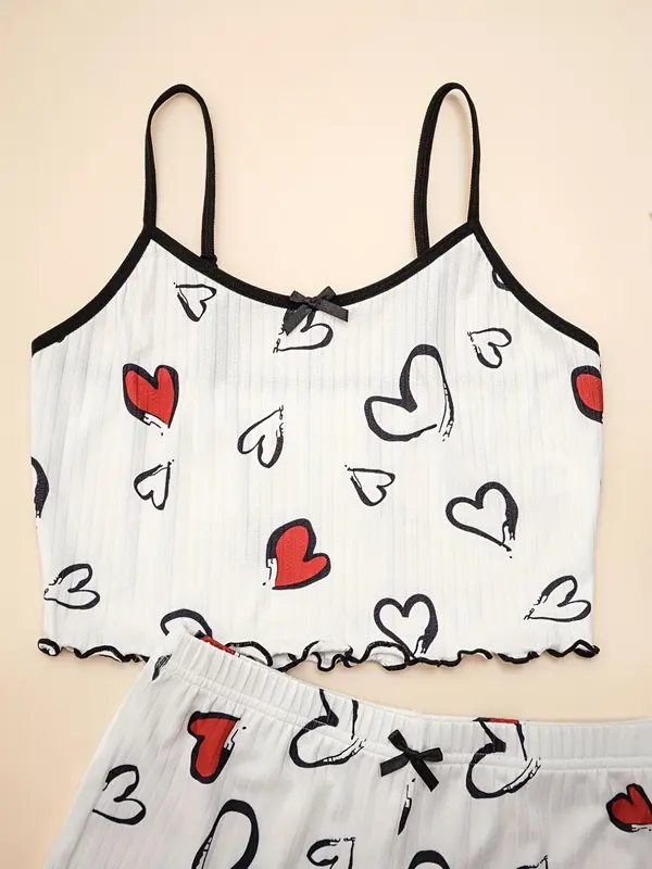 Christmas Gift Women's Heart Print Lettuce Trim Pajama Set, Casual Comfort Sleeveless Cami Crop Top & Elastic Waist PJ Shorts, Summer Wear 2024, Women's Tighten Pants, Lady Chic Homewear Loungewear Pyjamas Womenswear Lingerie 6