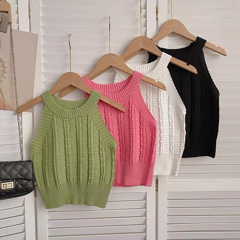 Áo yếm len ba lỗ nữ kiểu cổ tròn croptop Áo sát nách dáng ôm body hàng dệt kim đẹp Quảng Châu