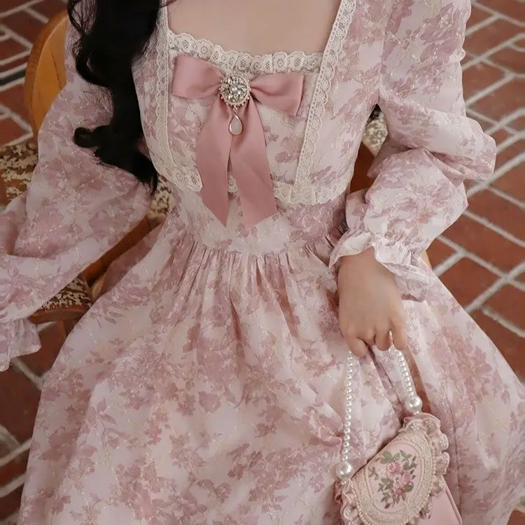 25OCLOCK - Floral Dress Bronzing Motif Manis / Dress Autumn Pink Ribbon Pink