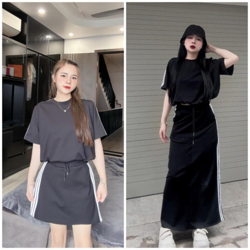 Set bộ thể thao Áo crotop cộc tay phối chân váy sọc [dài và ngắn] chất umi dày dặn,2 màu ĐEN VÀ TRẮNG [BIGSIZE] MS30 Sport