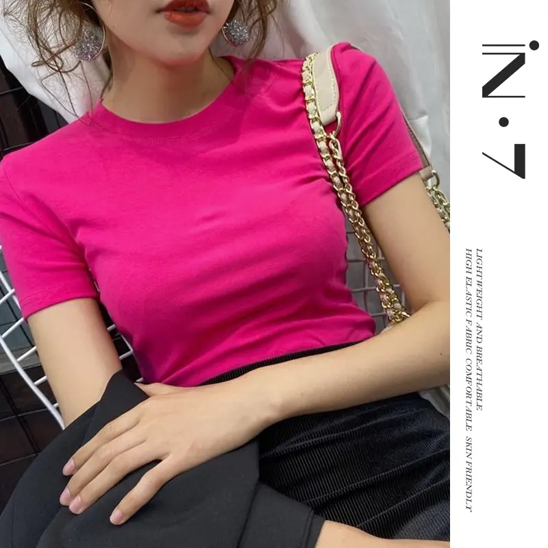 Simple Solid Color Slim-Fit Short-Sleeved T-shirt Women's round Neck Summer New Stretch Top