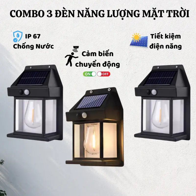 Combo 3 Đèn Năng Lượng Mặt Trời Cảm Biến Chuyển Động Treo Tường Chống Thấm Nước Cao Cấp Chiếu Sáng Thông Minh
