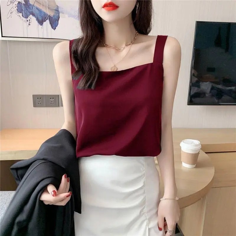 Áo hai dây nữ lụa cổ vuông Top Women Nhung AO0010 - Hồng, Trắng, Đỏ đô, Đen, Xanh rêu -  tank nu yếm hở lưng mặc  tube 3 lỗ 0
