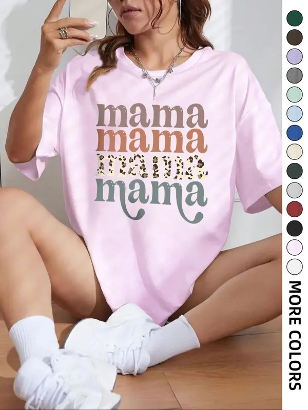 Women's "mama" Letter Print Round Neck Graphic Tee, Vintage Trendy Casual Drop Shoulder Half Sleeve T-shirt For Daily Wear, Ladies Summer Outfit 4