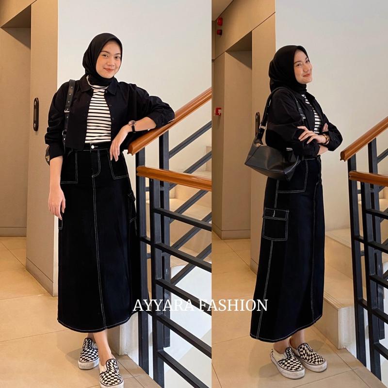 ROK JEANS CARGO LIST SKIRT WANITA ROK KARGO HIGHWAIST PANJANG 2