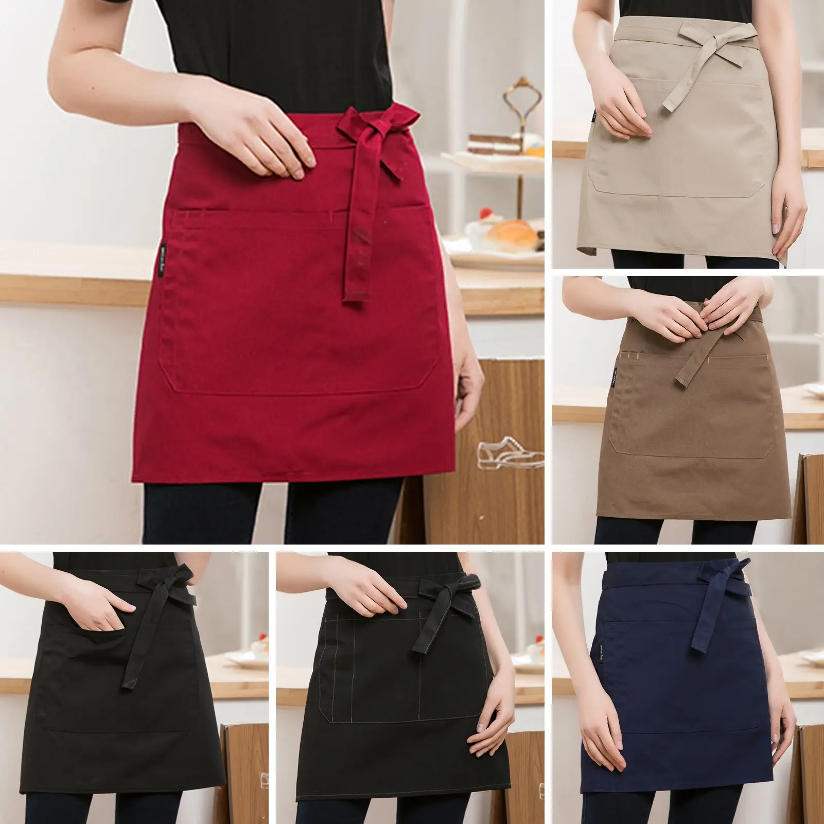 Tạp Dề Nửa Chống Thấm Nước, Unisex, Có Túi, Thích Hợp Cho Nữ Và Nam, Tạp Dề Bụng Đầu Bếp, Chịu Được, Thích Hợp Cho Nhà Hàng Và Quán Cà Phê, Có Buộc Dây, Tạp Dề Ngắn, Hubixsy