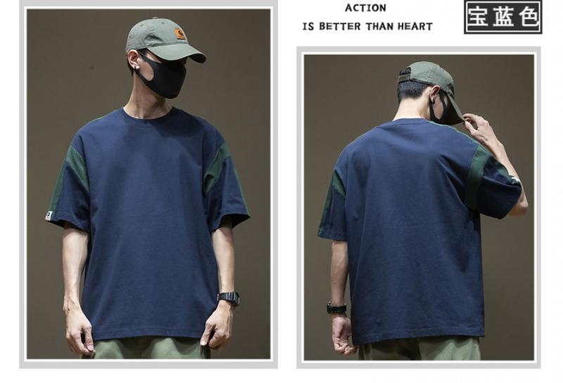 Product Introduction of 2023 New Summer Trendy Japanese Style Patchwork Color Block Regular Shoulder Short Sleeve T-Shirt Men Drop Shoulder Half Sleeve Men's Youth T-Shirt 5