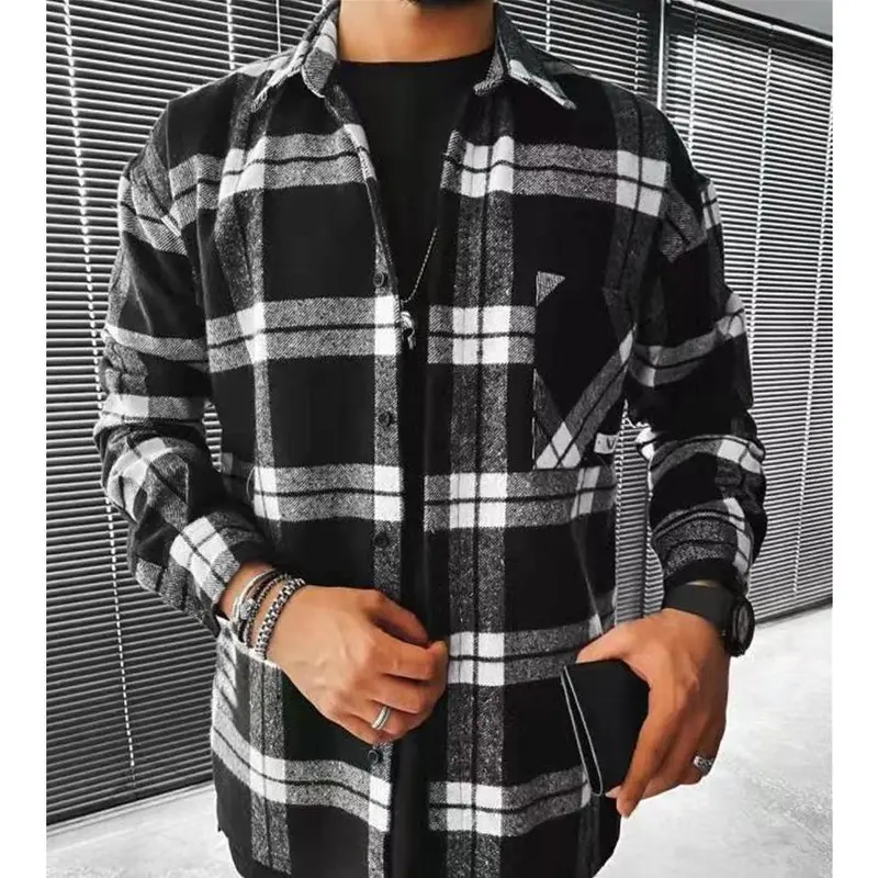 Cross-Border European and American New 2025 Spring and Autumn Long Sleeve Blue and White Plaid Long Sleeve Shirt Casual Stand Collar Pocket Shirt for Men Menswear Top Checked Wetsuit 4