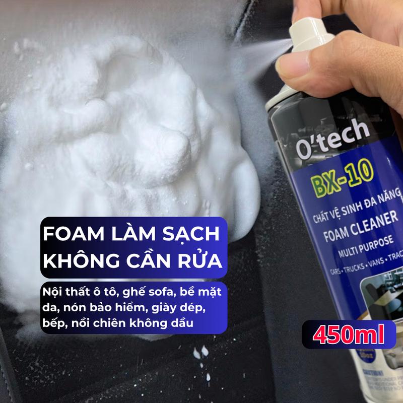 Xịt bọt vệ sinh đa năng, nội thất ô tô, ghế, sofa, giày, bề mặt da foam cleaner O'tech BX-10 chất làm sạch bề mặt bảo dưỡng nội thất