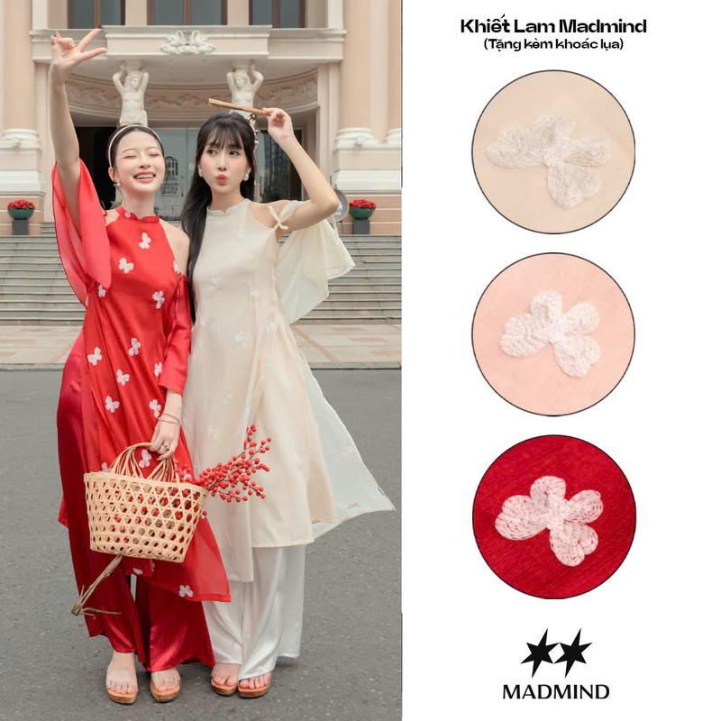KÈM KHOÁC LỤA - KHÔNG KÈM QUẦN - Áo Dài Cách Tân Nữ Khiết Lam Thêu Hồ Điệp MADMIND - Màu Đỏ Be Hồng Women Dress - TẾT